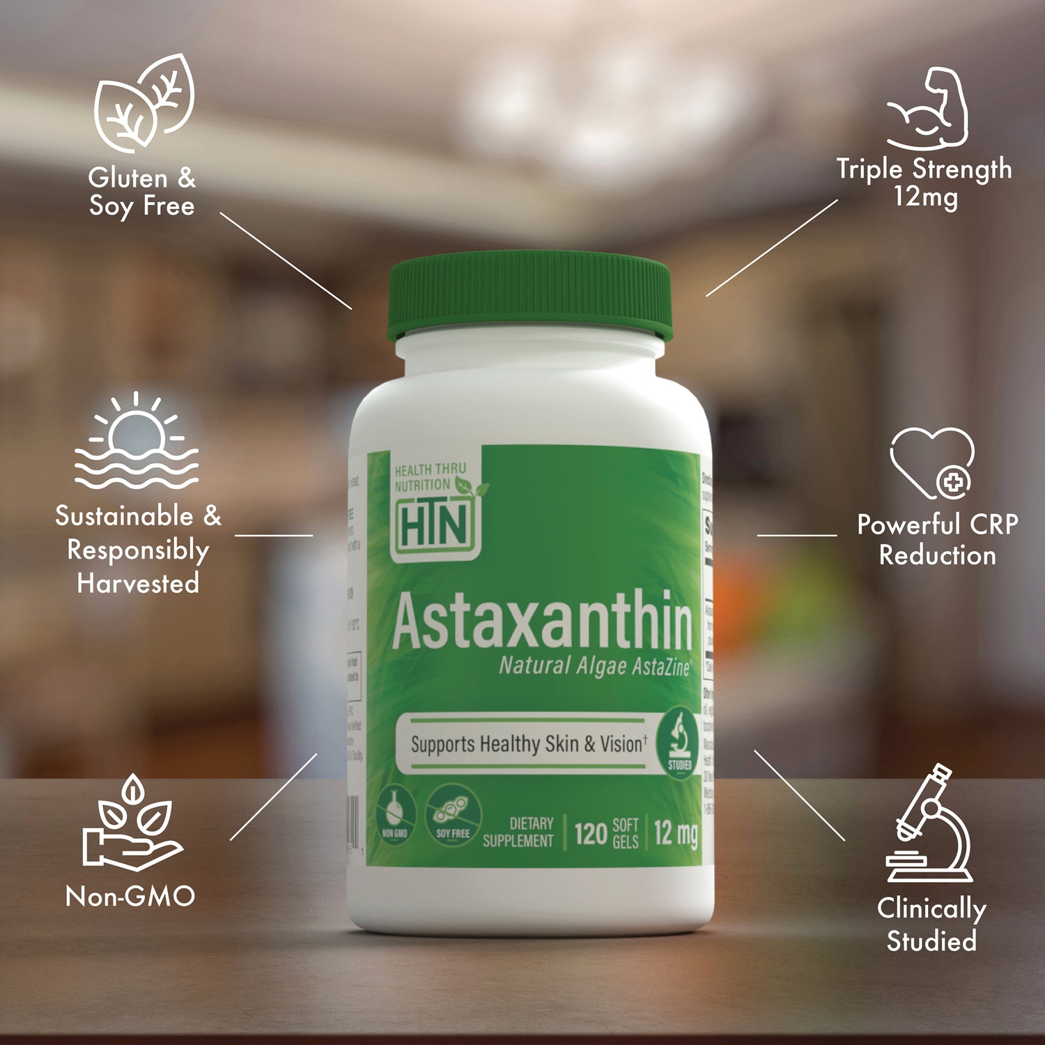 HTN008 | Product infographic of Astaxanthin bottle with green label and icons: Non-GMO, gluten & soy free, sustainable harvest, 12 mg, clinically studied