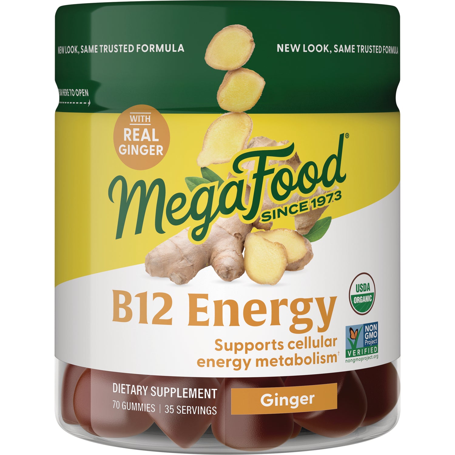 MGF105 | MegaFood B12 Energy ginger gummy supplement jar with ginger pieces on label