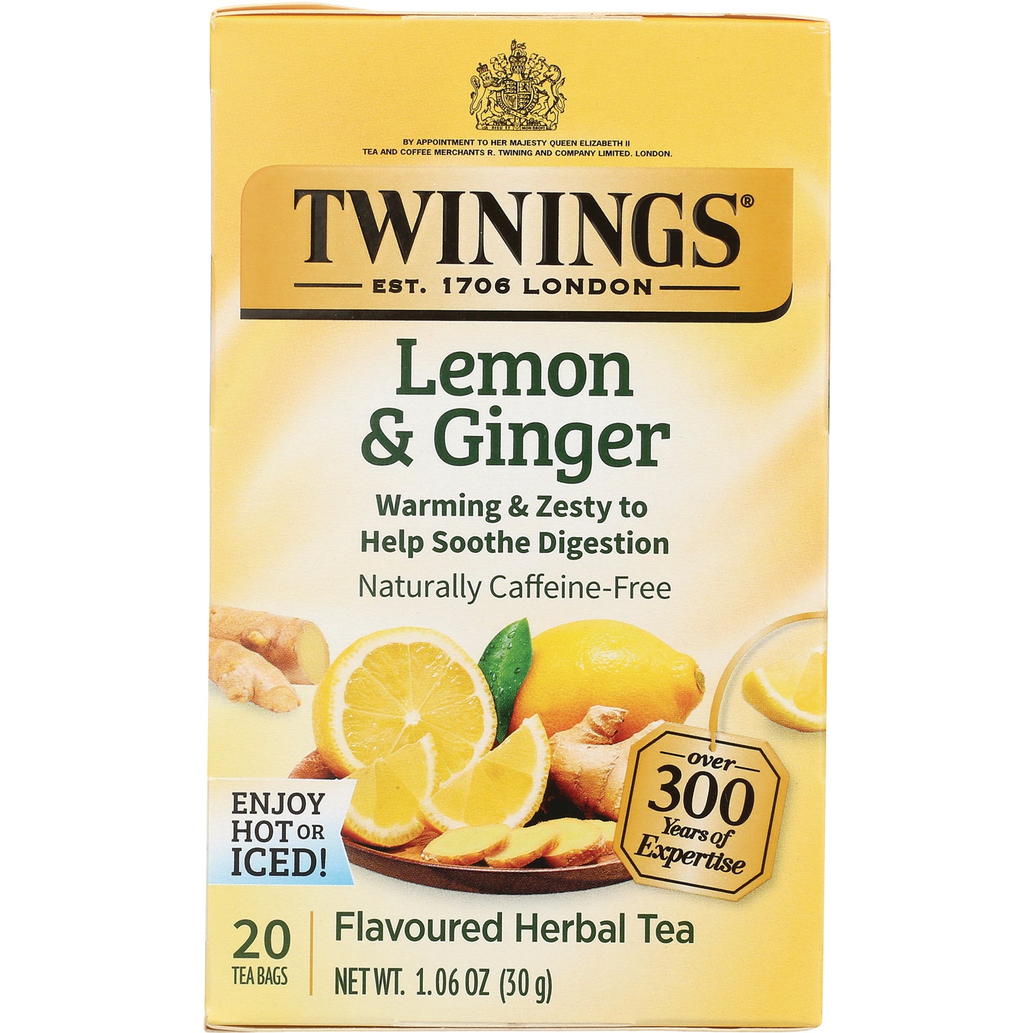TWN017 | Twinings Lemon & Ginger flavoured herbal tea box, 20 tea bags, naturally caffeine-free