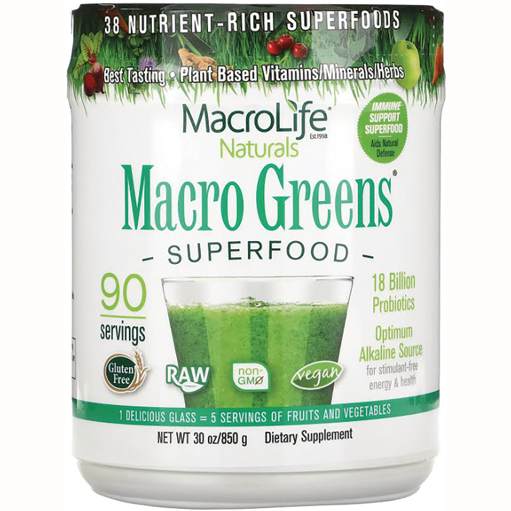 MCL002 | MacroLife Macro Greens superfood powder front label showing 90 servings, green smoothie, vegan non-GMO - Thumbnail