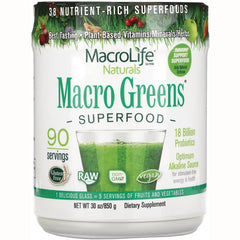 MCL002 | MacroLife Macro Greens superfood powder front label showing 90 servings, green smoothie, vegan non-GMO