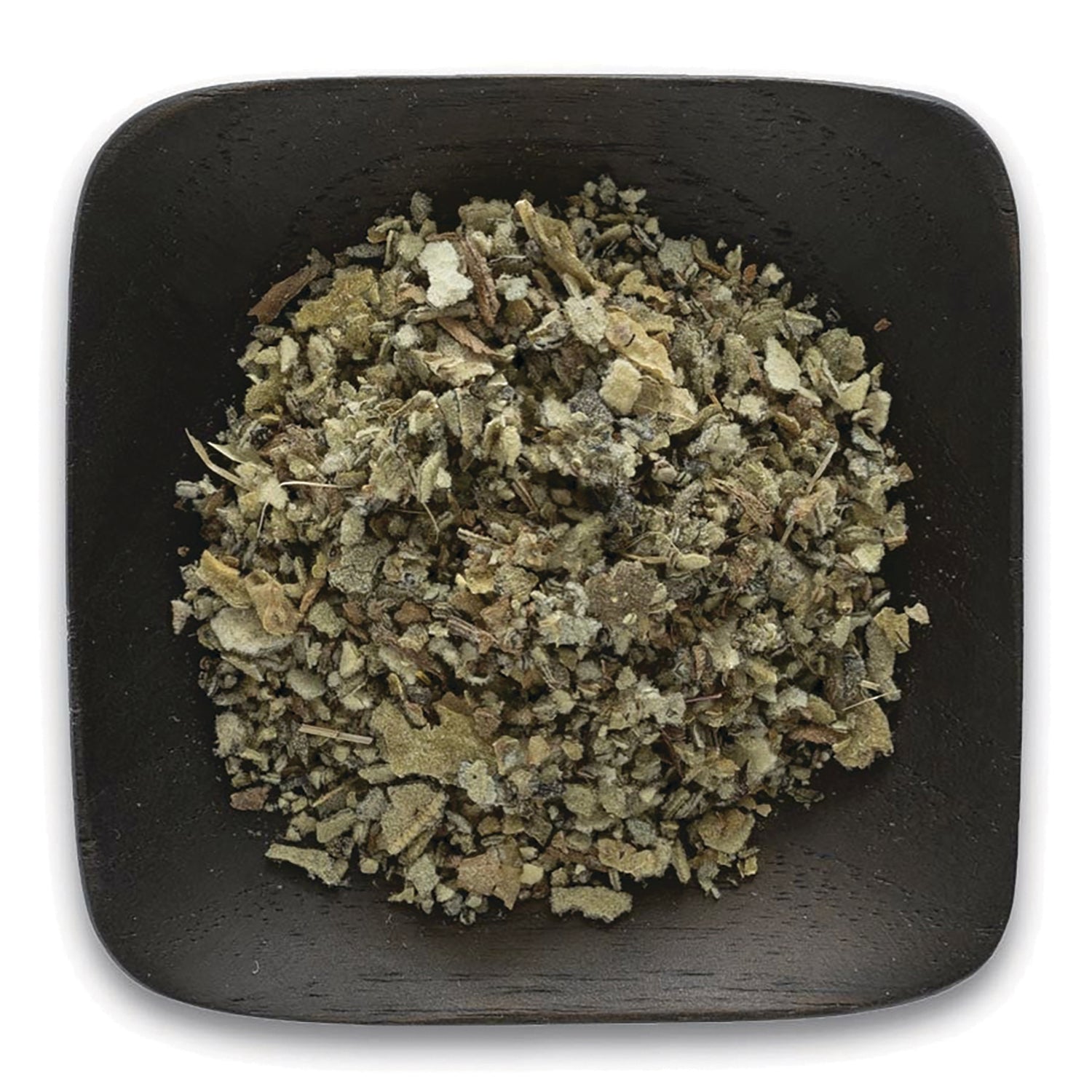 FNP384 | dried herbal leaves in a black square dish, top-down view