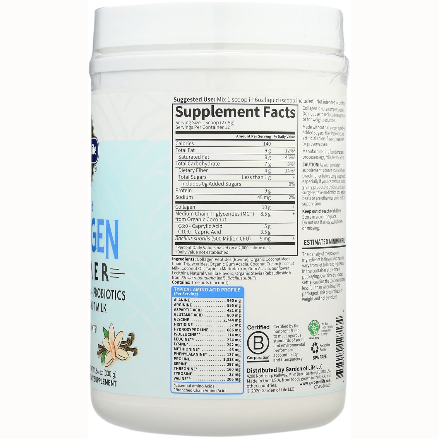GLF307 | Back label of white supplement tub showing Supplement Facts panel, ingredient list, and certifications