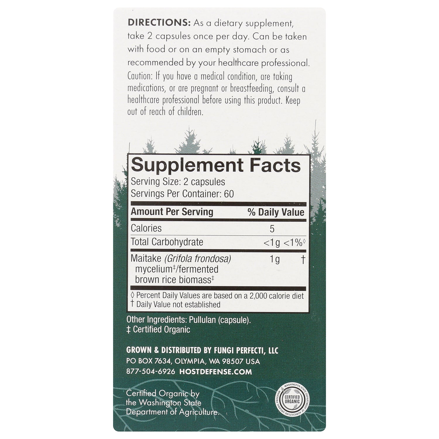 FUN008 | Back panel showing supplement facts and directions, serving size 2 capsules, maitake 1 g, other ingredients and distributor info