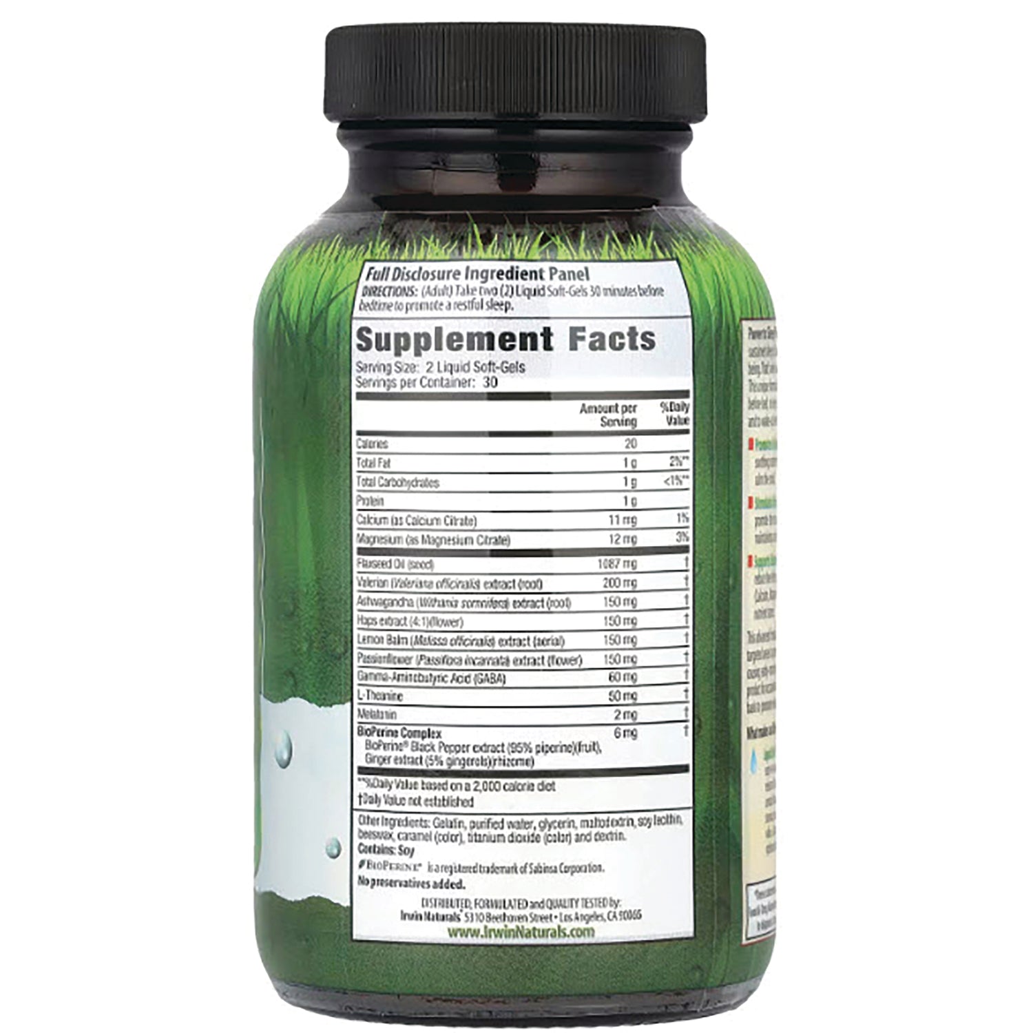 IR079 | Supplement facts and ingredients panel on back of green supplement bottle