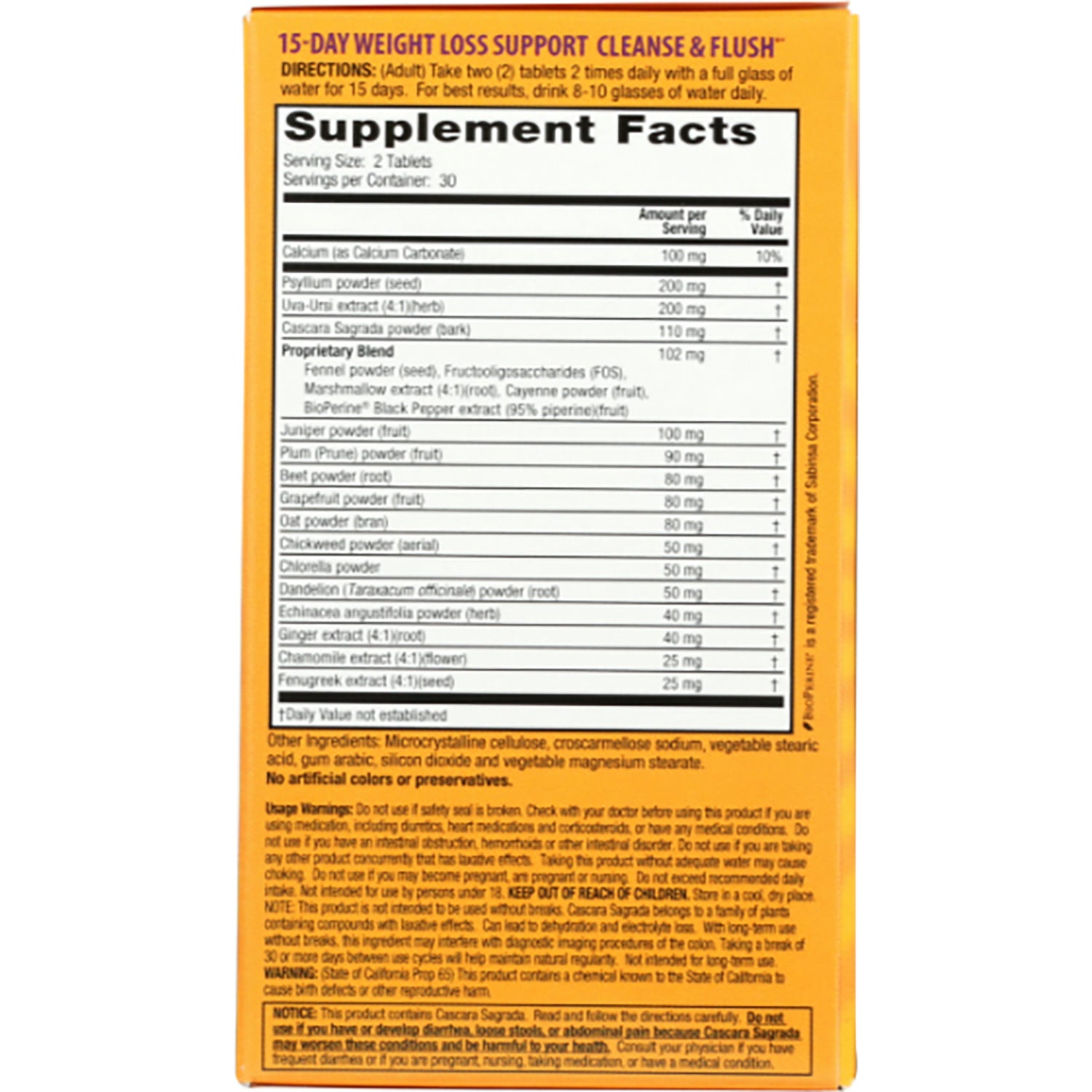 NTS30 | back of orange supplement box showing Supplement Facts panel, ingredient list and usage warnings