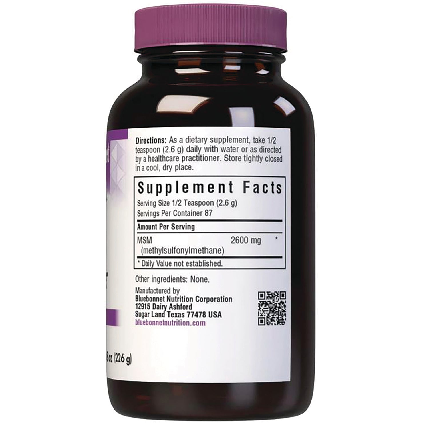 BLU101 | Back of brown supplement bottle showing Supplement Facts panel listing MSM 2600 mg and directions