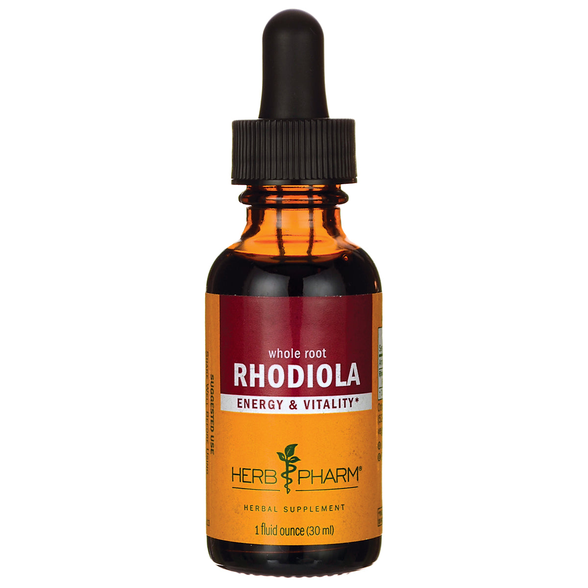 HPH030 | Amber glass dropper bottle labeled RHODIOLA Energy & Vitality Herb Pharm herbal supplement, 1 fl oz