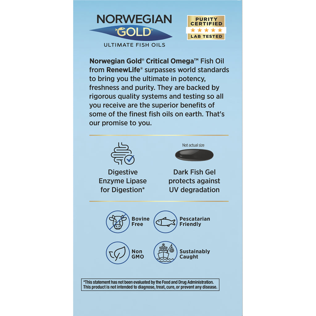 RNL253 | back panel of Norwegian Gold fish oil showing product description, capsule image, and icons indicating Digestive Enzyme Lipase and certifications like Non GMO and Sustainably Caught - Thumbnail