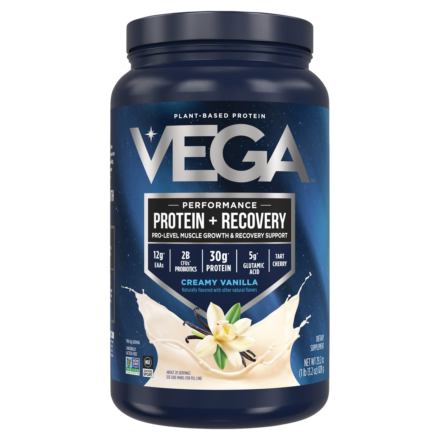 VGA005 | Vega Performance Protein + Recovery, creamy vanilla plant-based protein powder, 30g protein
