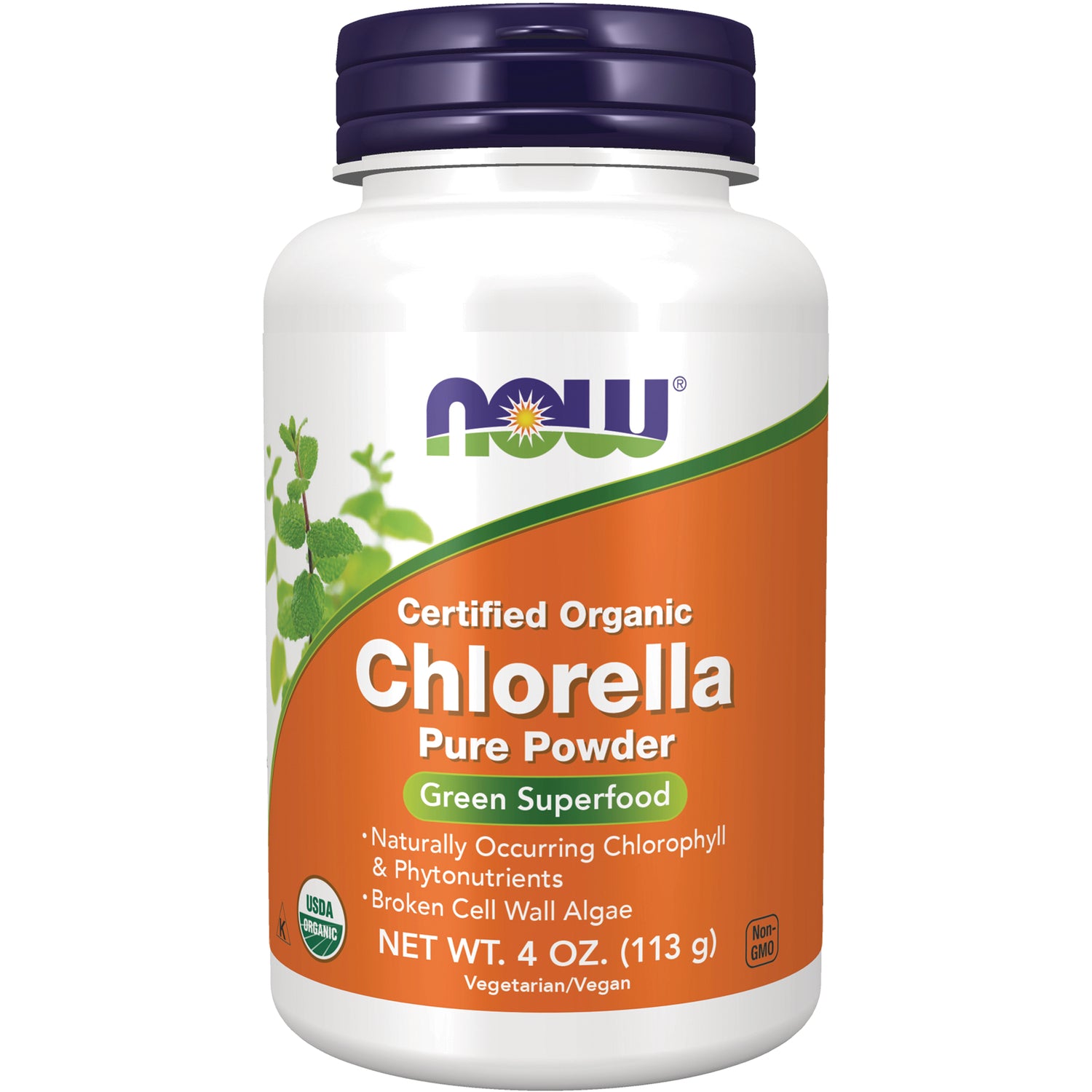 NWF732 | NOW Certified Organic Chlorella pure powder bottle with orange label reading Green Superfood, NET WT 4 OZ (113 g)