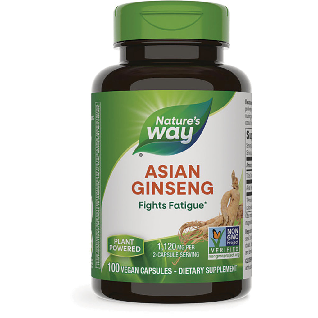 NW898 | Nature's Way Asian Ginseng bottle, 100 vegan capsules, label reads Fights Fatigue and Plant Powered - Thumbnail