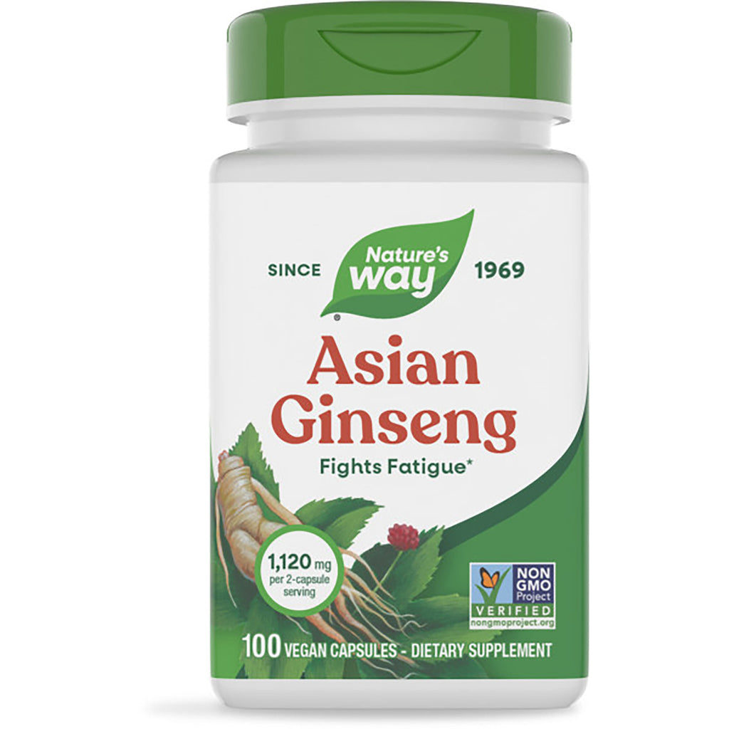 NW898 | Nature's Way Asian Ginseng bottle, 100 vegan capsules, label reads Fights Fatigue and Plant Powered - Thumbnail