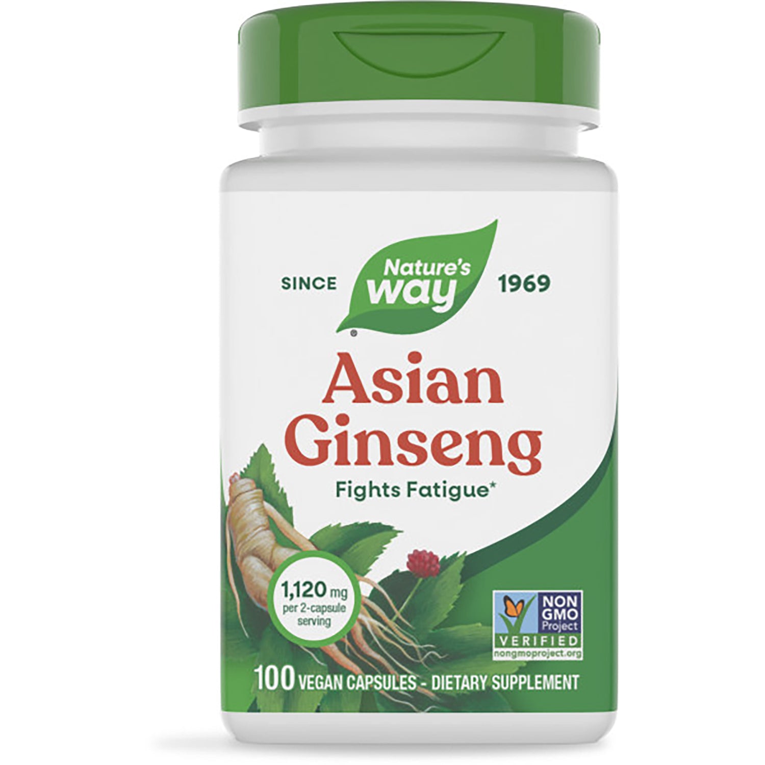 NW898 | Nature's Way Asian Ginseng bottle, 100 vegan capsules, label reads Fights Fatigue and Plant Powered