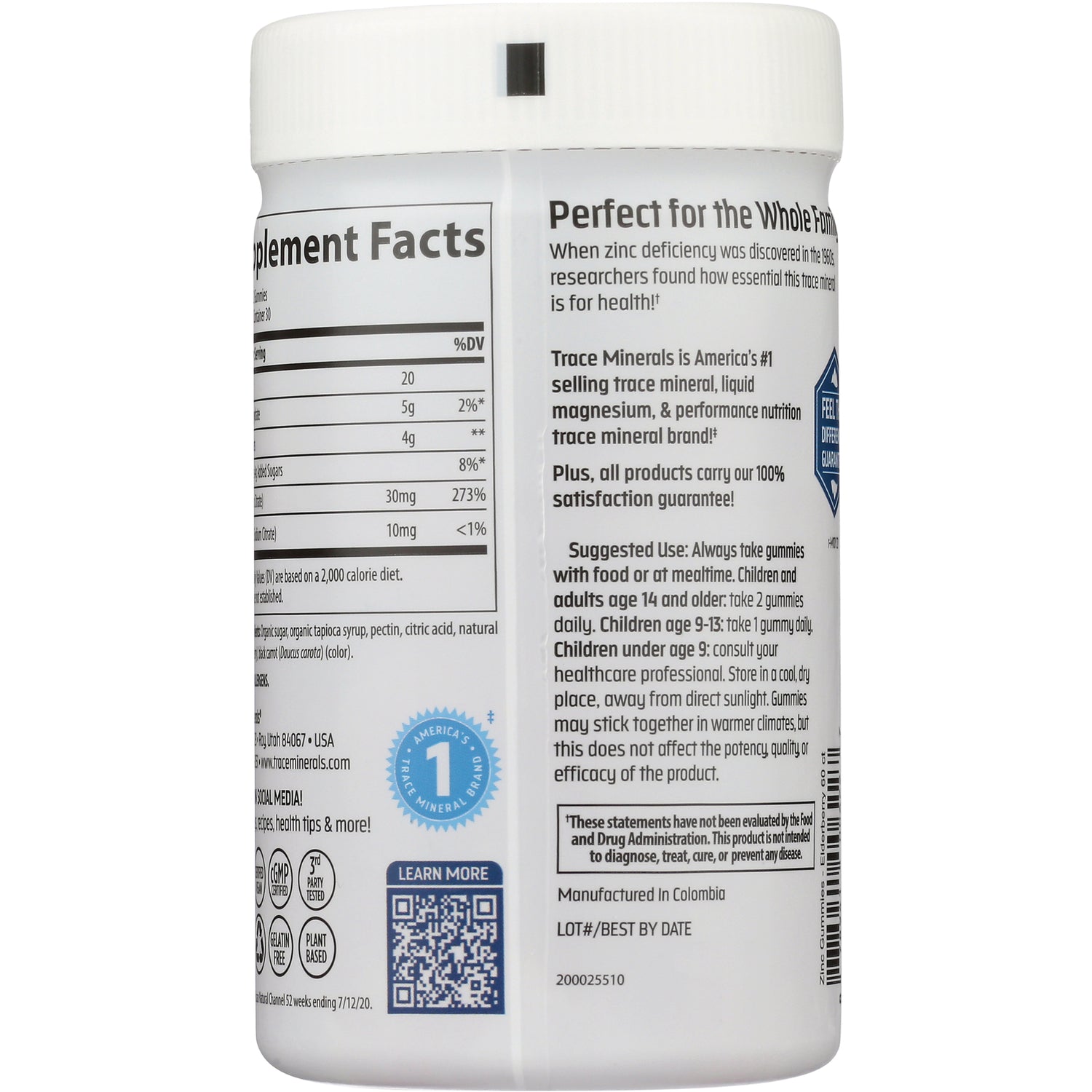 TM115 | Back label of Trace Minerals gummies with Supplement Facts, suggested use, QR code, certifications, and lot/best by