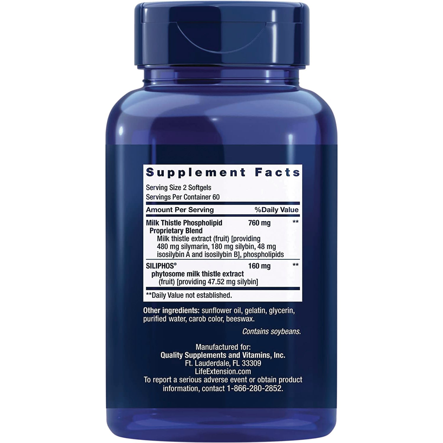 LE382 | Back of blue supplement bottle showing Supplement Facts panel, ingredients and manufacturer information
