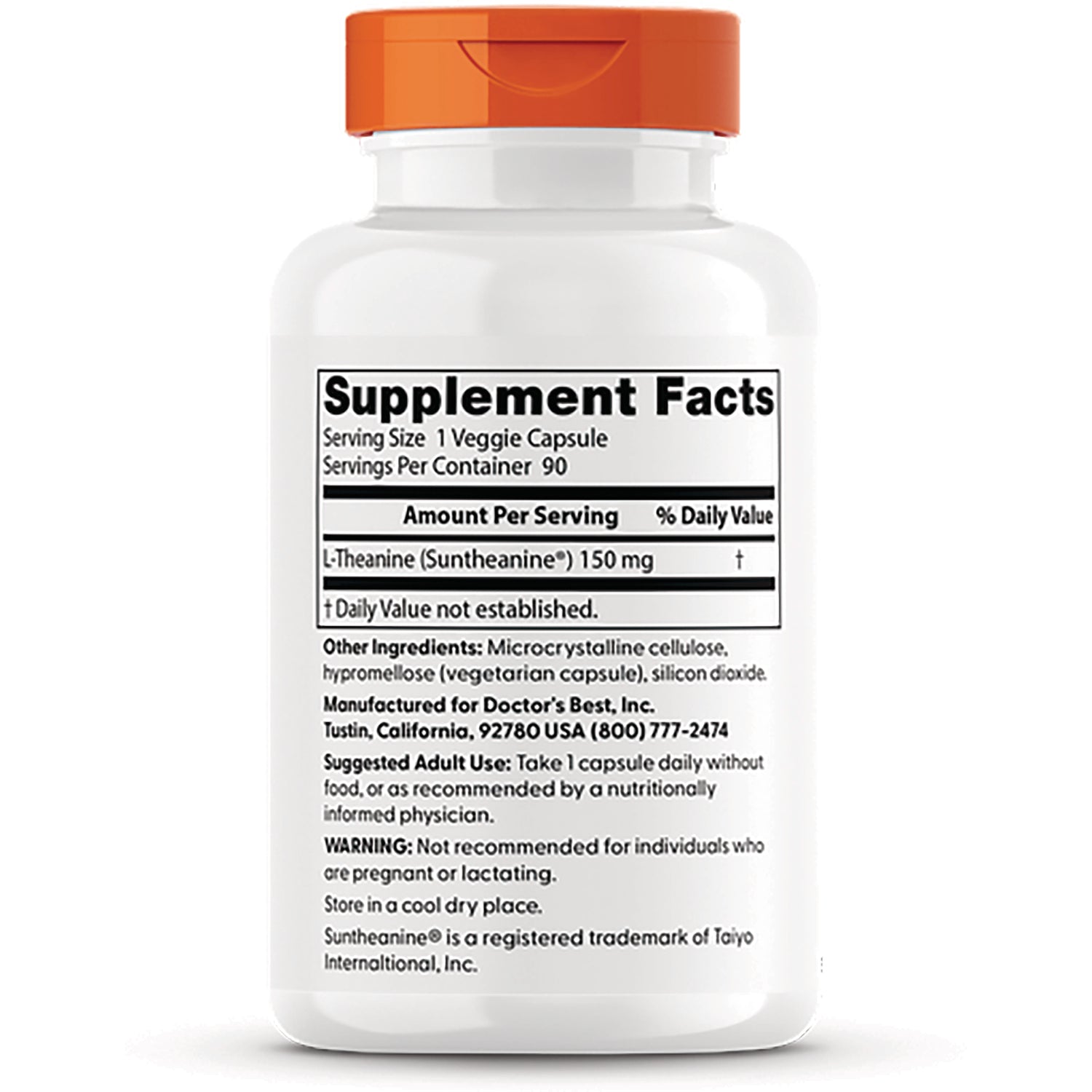 DB118 | Back label of white supplement bottle showing Supplement Facts, serving size 1 veggie capsule and L-Theanine 150 mg