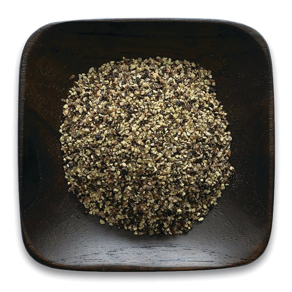 FNP061 | coarsely ground mixed peppercorns piled in a square dark wooden bowl - Thumbnail