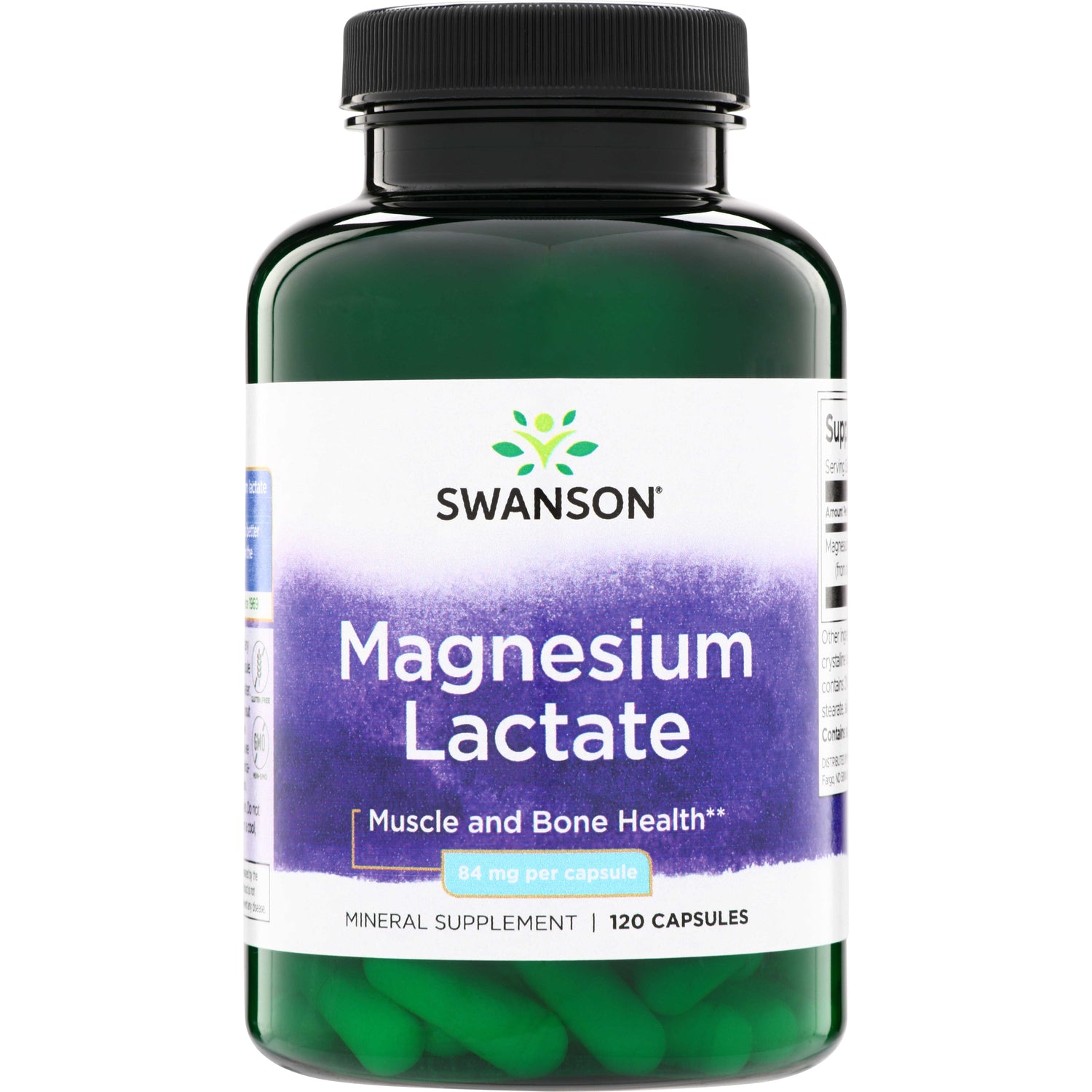 SW1525 | Swanson Magnesium Lactate supplement, Muscle and Bone Health, 84 mg per capsule, 120 capsules