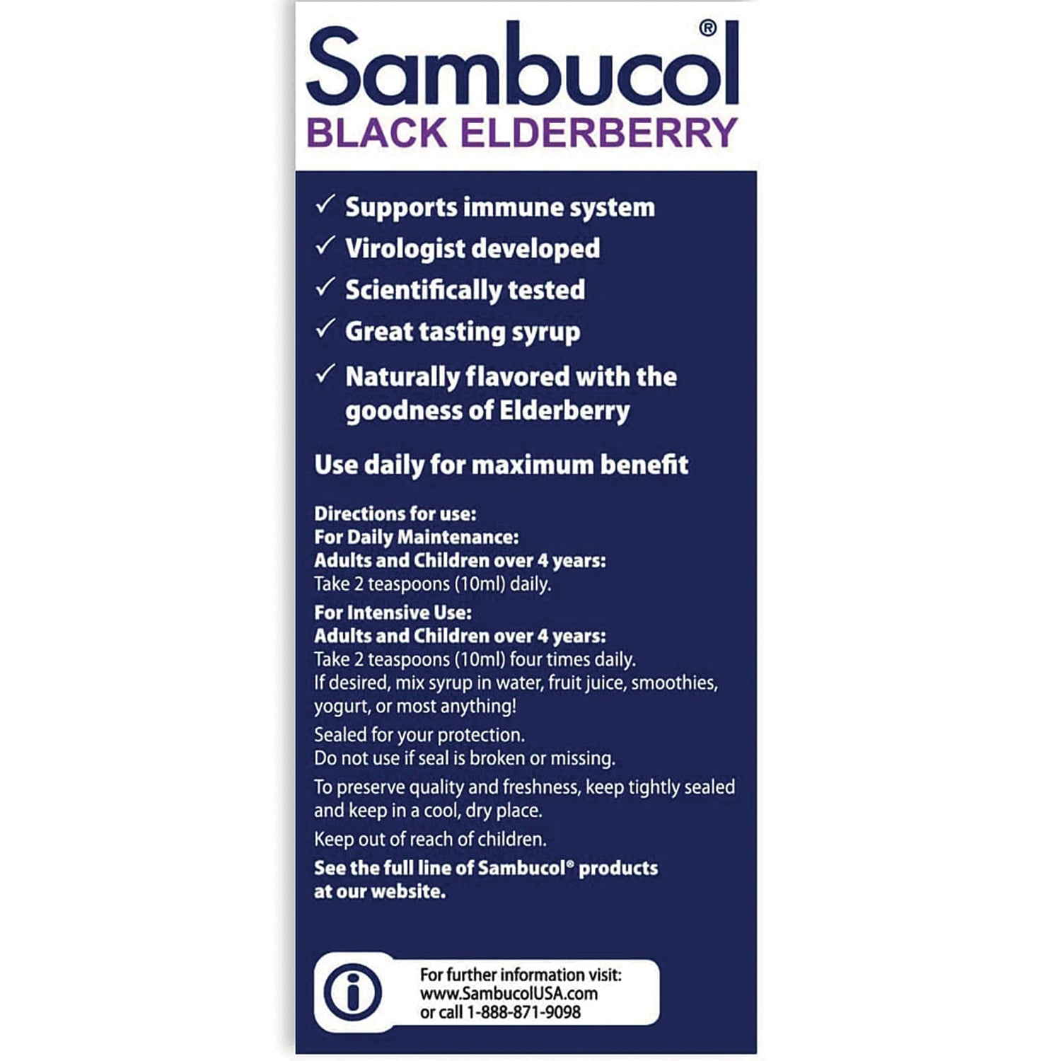 SMB002 | Sambucol Black Elderberry back panel with benefits and directions for use