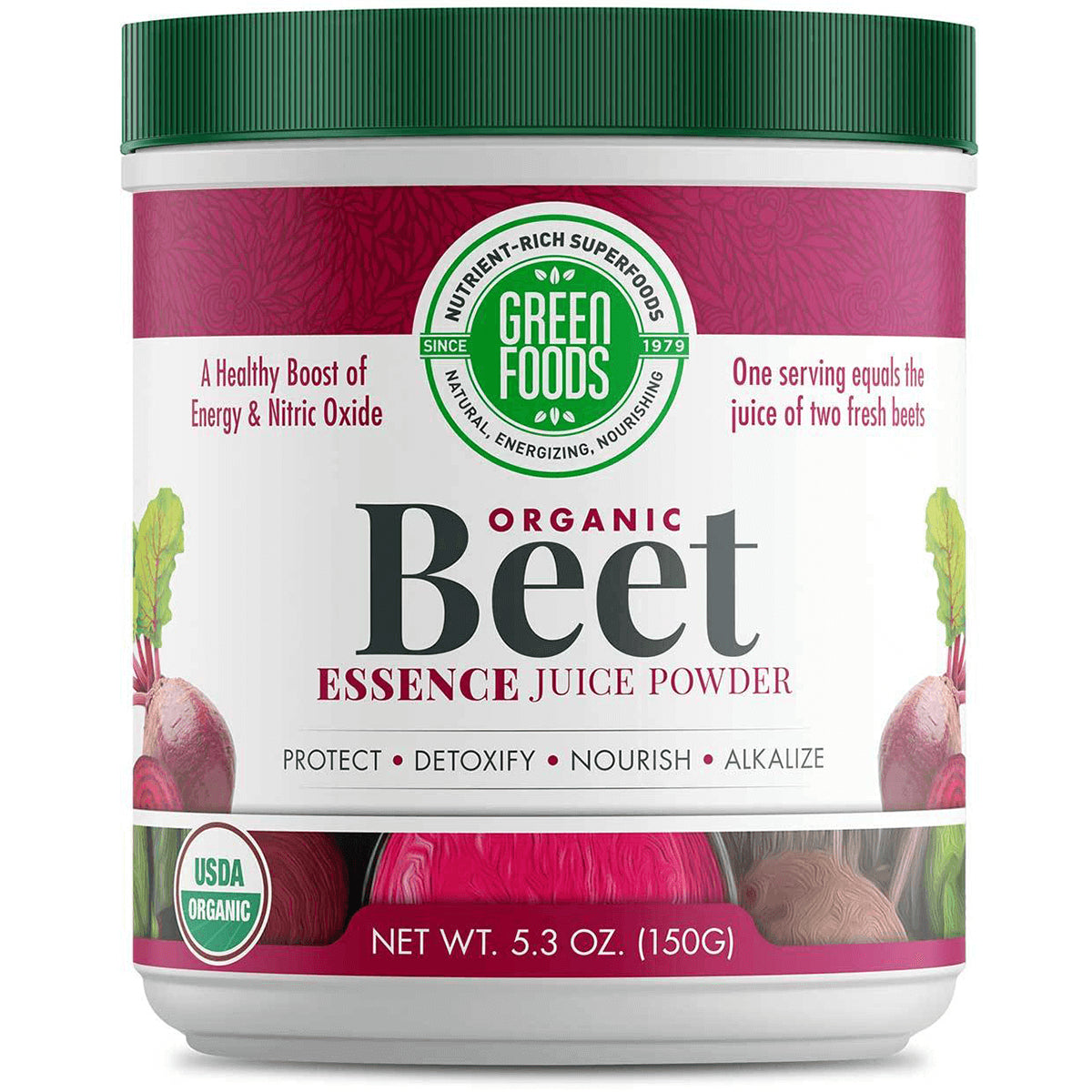 GM045 | Green Foods Organic Beet Essence juice powder container, net wt 5.3 oz, USDA Organic label
