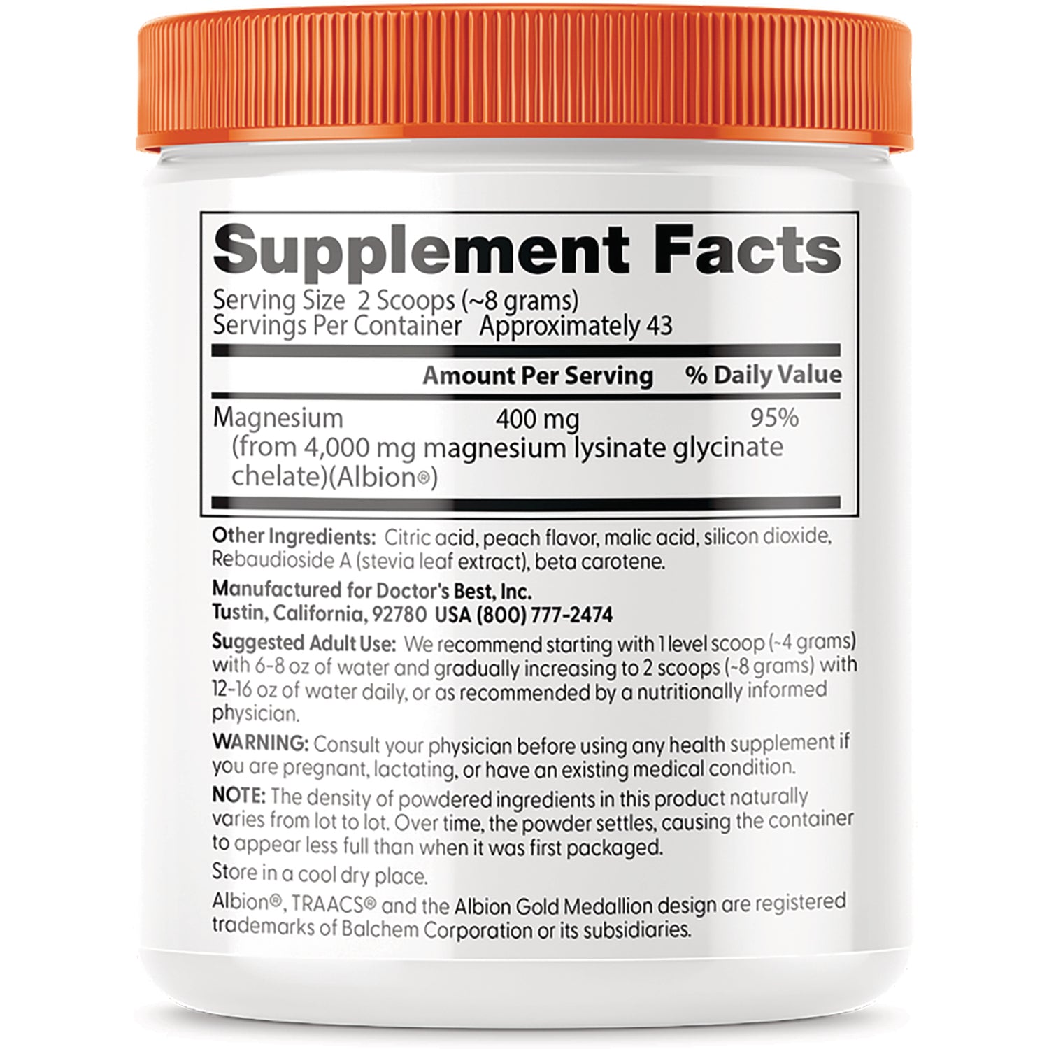 DB270 | Back label showing Supplement Facts listing Magnesium 400 mg, ingredients and suggested use