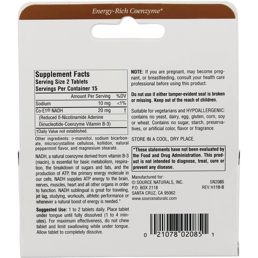 SN700 | Back label with Supplement Facts, suggested use, warnings, and ingredients for Co-E1 NADH tablets - Thumbnail