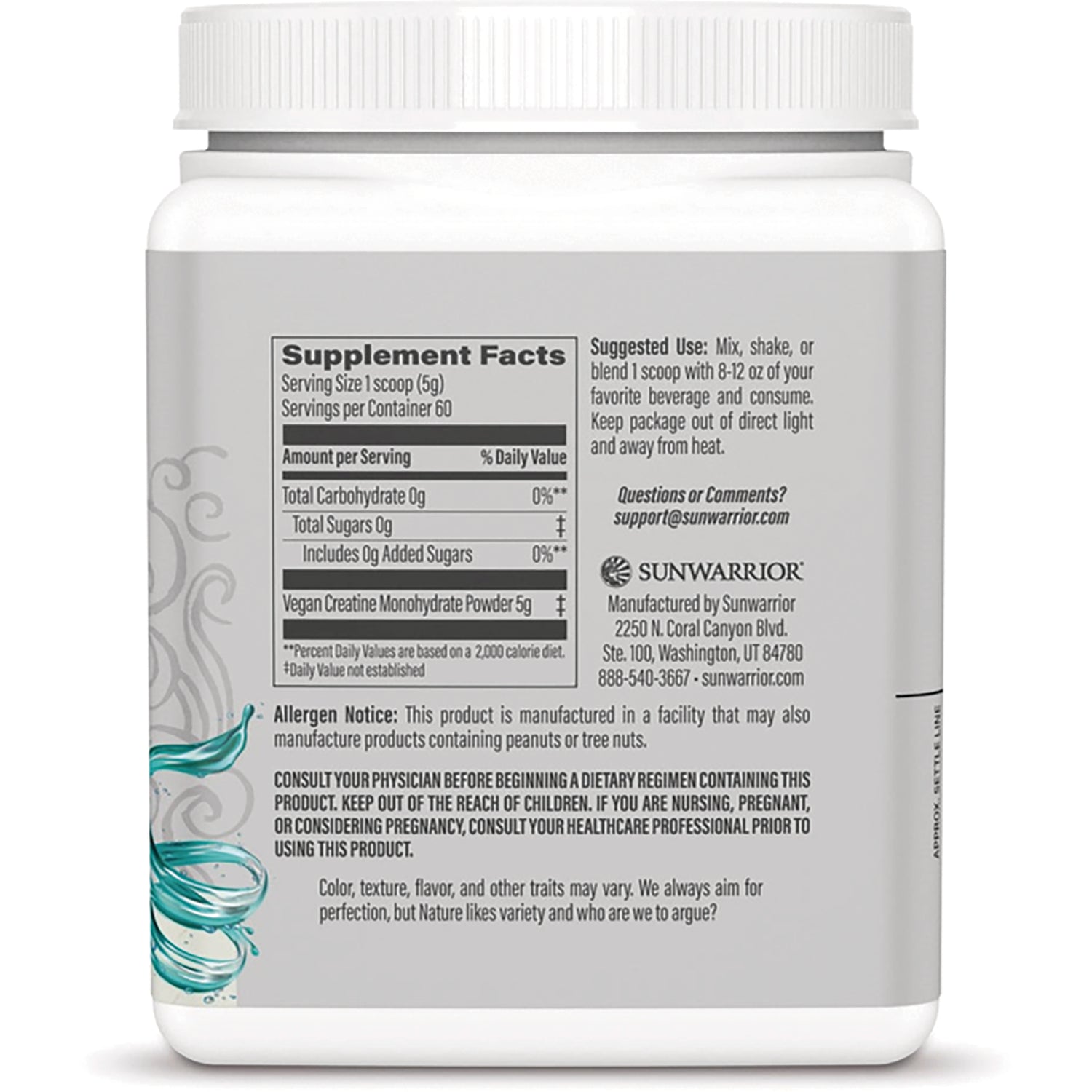 SNW042 | Supplement Facts and suggested use on Sunwarrior vegan creatine monohydrate powder back label