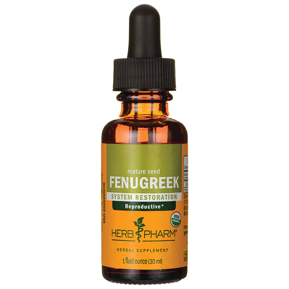 HPH119 | amber glass dropper bottle labeled FENUGREEK system restoration Herb Pharm herbal supplement 1 fluid ounce