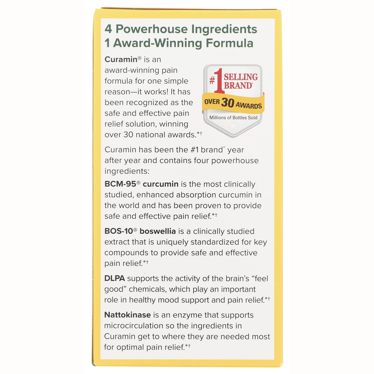 EUR001 | Product infographic titled 4 Powerhouse Ingredients 1 Award-Winning Formula listing BCM-95 curcumin, BOS-10 boswellia, DLPA, nattokinase