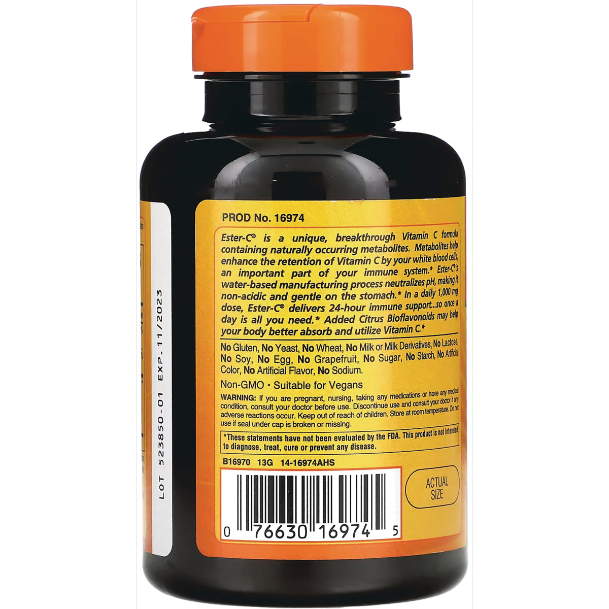 AM119 | Back label of vitamin bottle showing product information, warning text and barcode PROD No. 16974