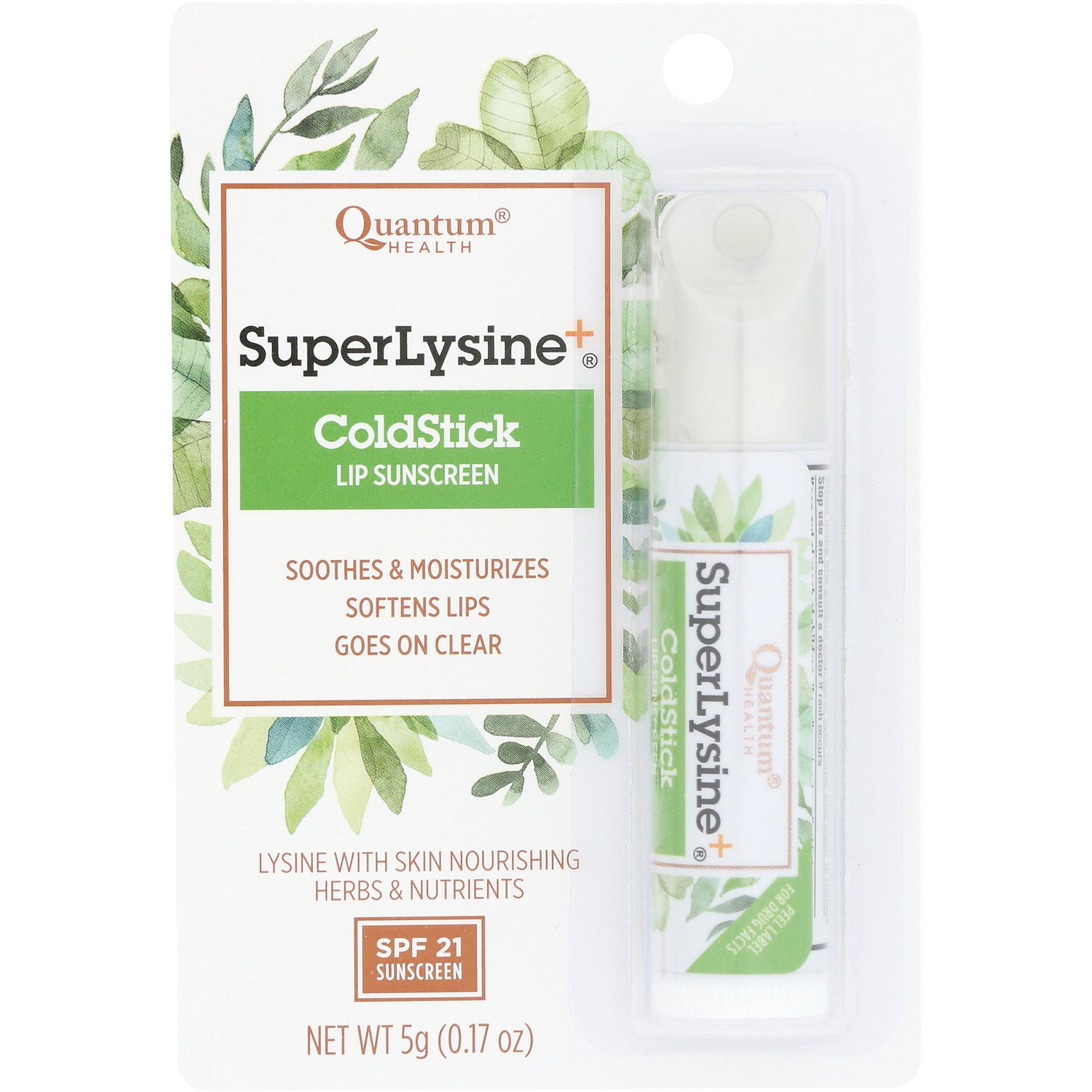 QU030 | Quantum SuperLysine ColdStick lip sunscreen tube in blister pack, SPF 21, soothes and moisturizes