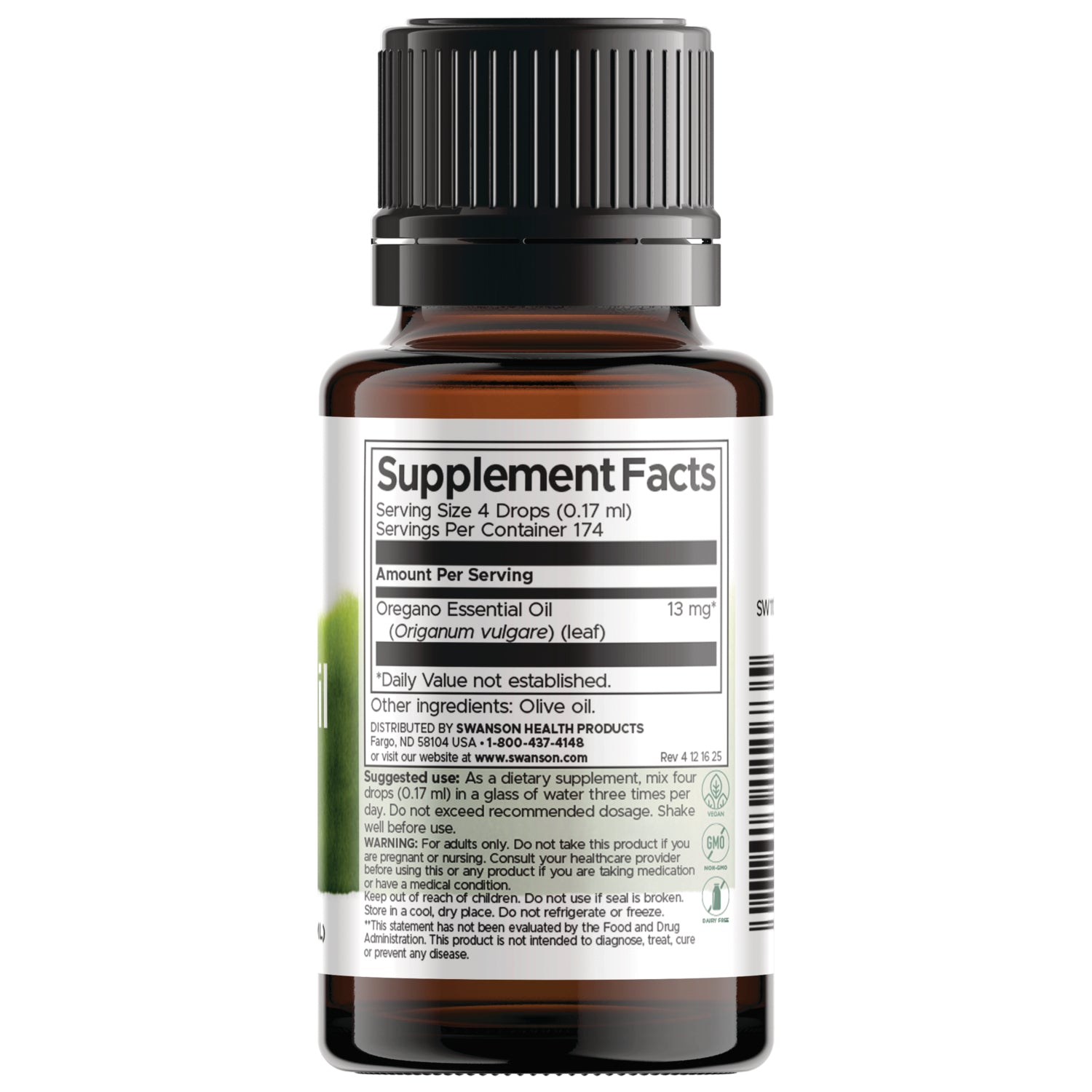 SW1173 | Supplement Facts panel for oregano essential oil