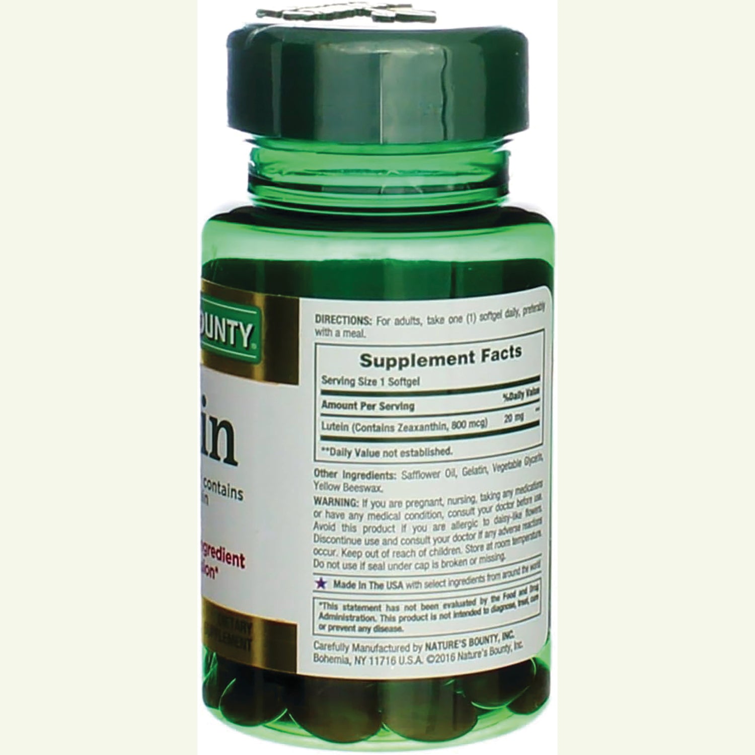 NBY024 | Green supplement bottle back label showing Supplement Facts panel and warning text
