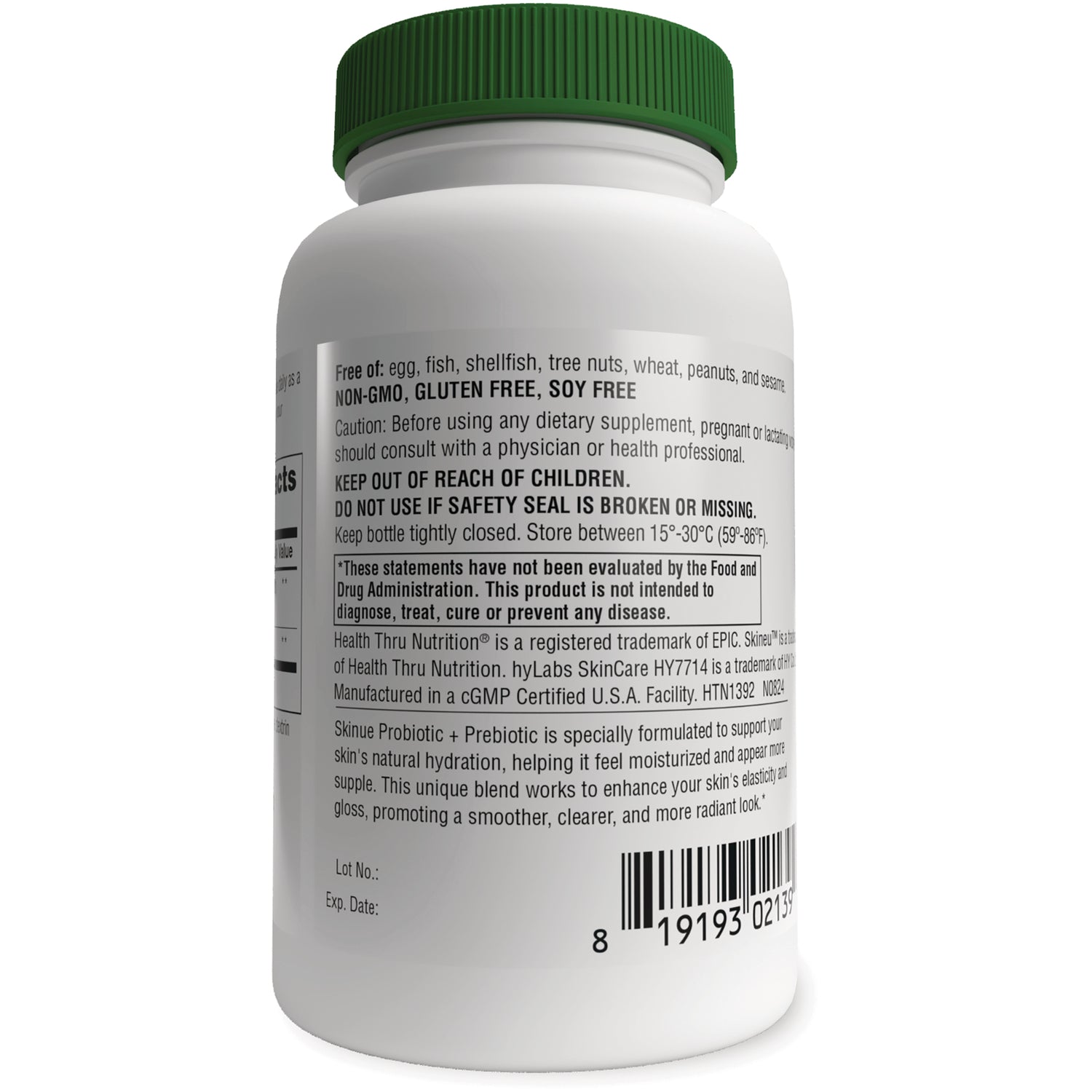 HTN012 | back label of white supplement bottle showing warnings, NON-GMO GLUTEN FREE SOY FREE text and barcode