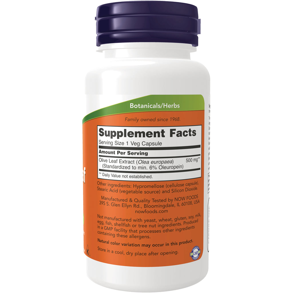 NWF337 | back of white supplement bottle showing Supplement Facts label and ingredients including Olive Leaf Extract 500 mg - Thumbnail