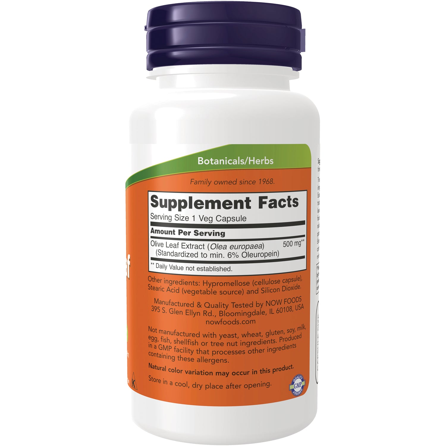 NWF337 | back of white supplement bottle showing Supplement Facts label and ingredients including Olive Leaf Extract 500 mg