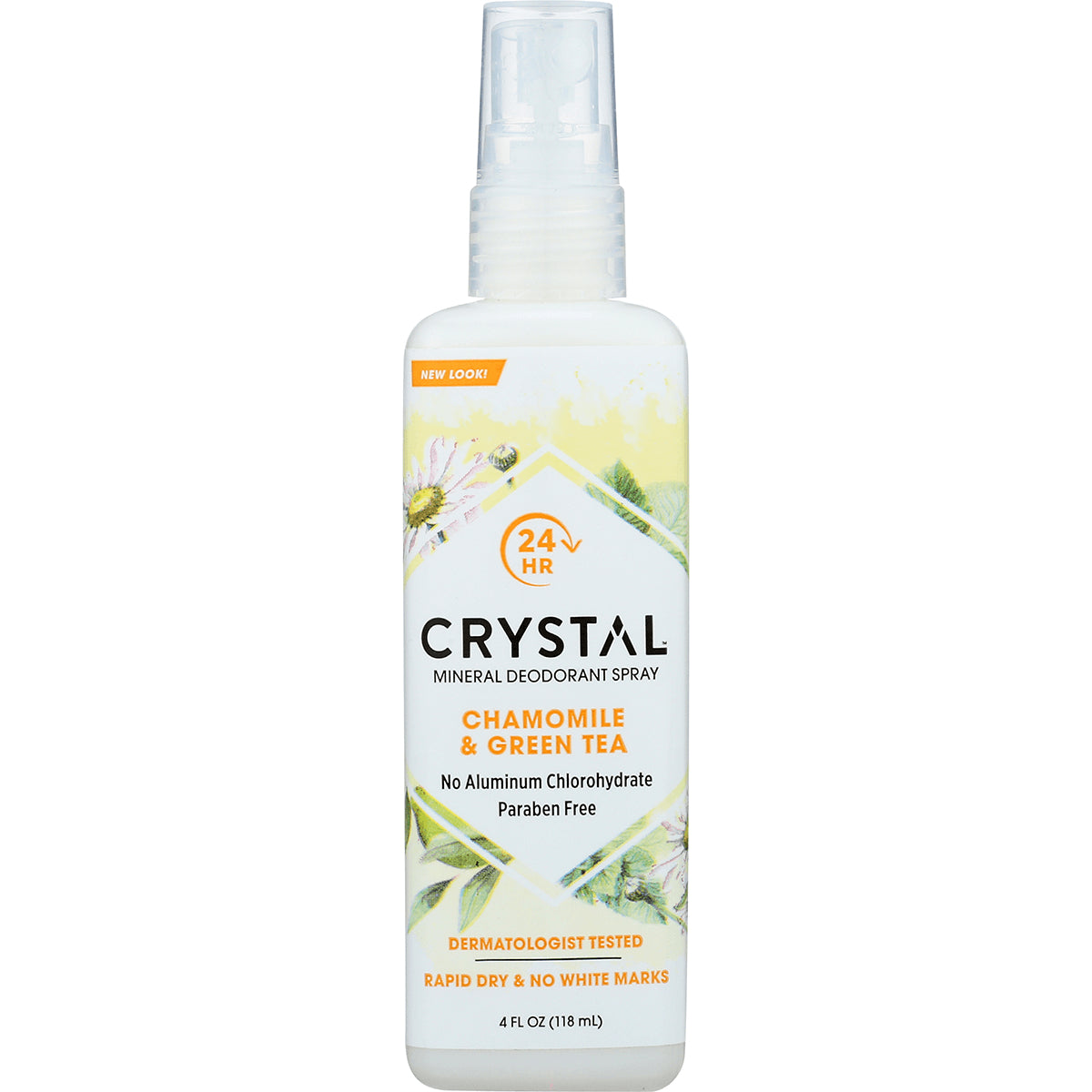 CRY008 | Crystal mineral deodorant spray Chamomile & Green Tea 4 fl oz front label