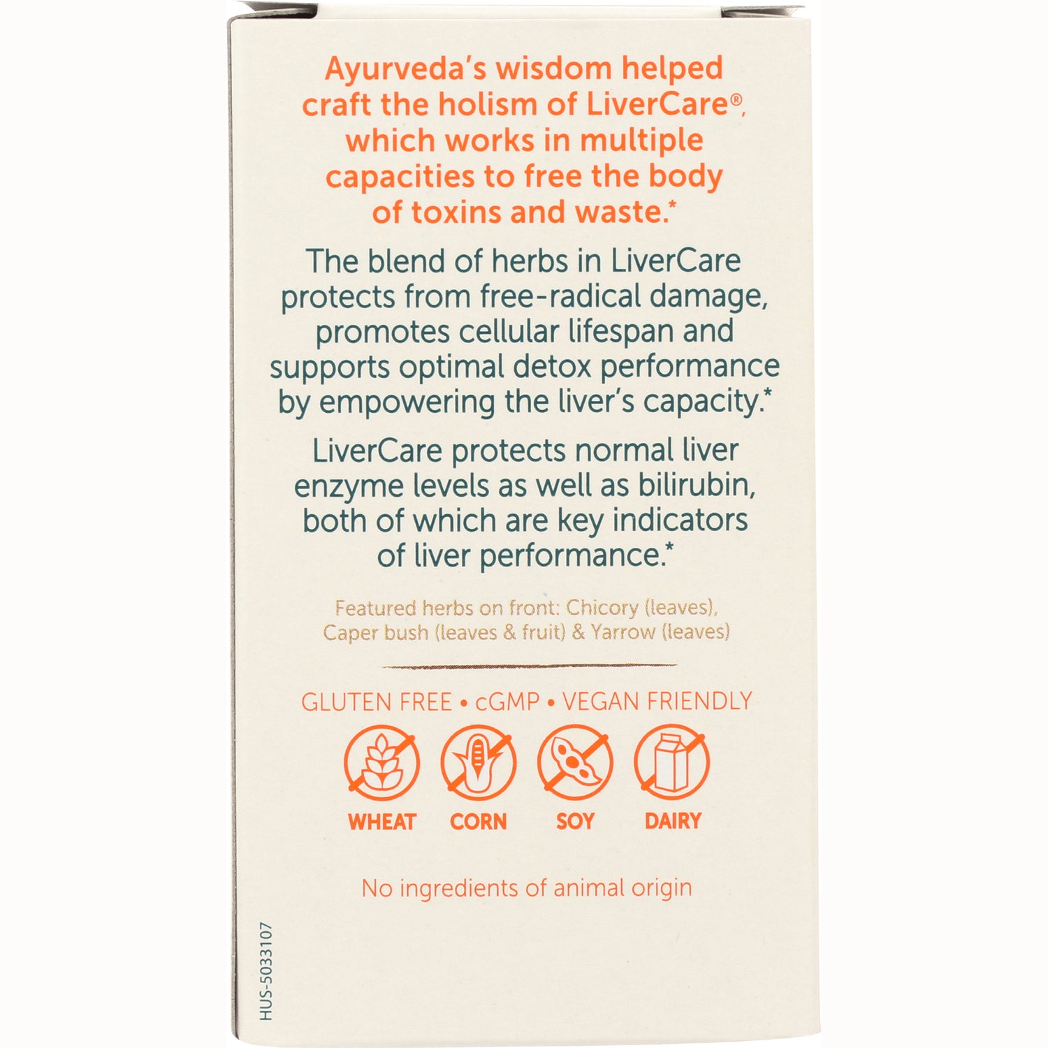 HHH015 | Product infographic for LiverCare herbal liver support describing detox benefits and icons for wheat, corn, soy, dairy