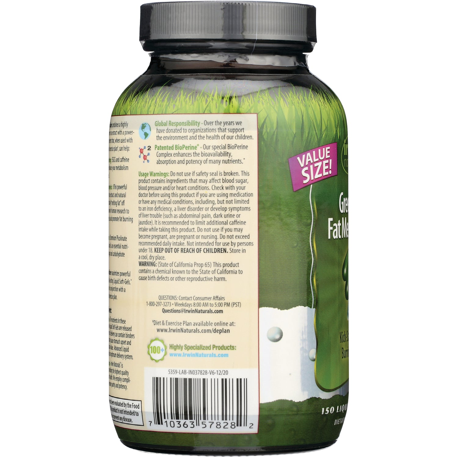 IR241 | back label of green supplement bottle showing usage warnings, barcode, and VALUE SIZE badge