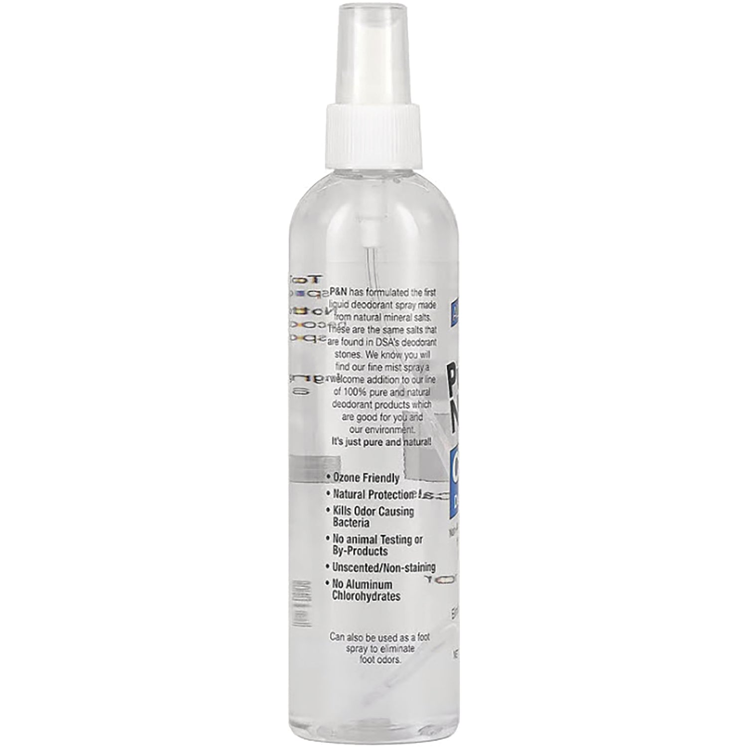 TDS005 | Back of clear spray bottle with label listing: Ozone Friendly, Natural Protection, Kills Odor Causing Bacteria