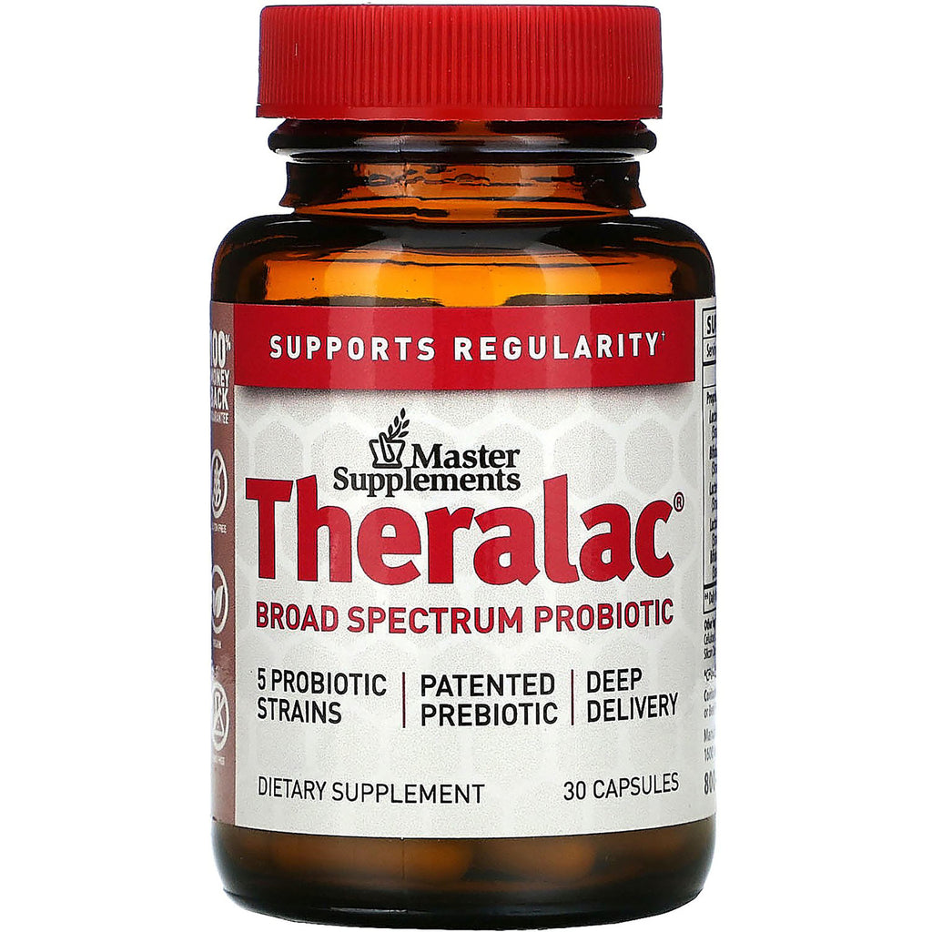 MSP001 | Master Supplements Theralac broad spectrum probiotic amber bottle with red cap, label shows 30 capsules - Thumbnail