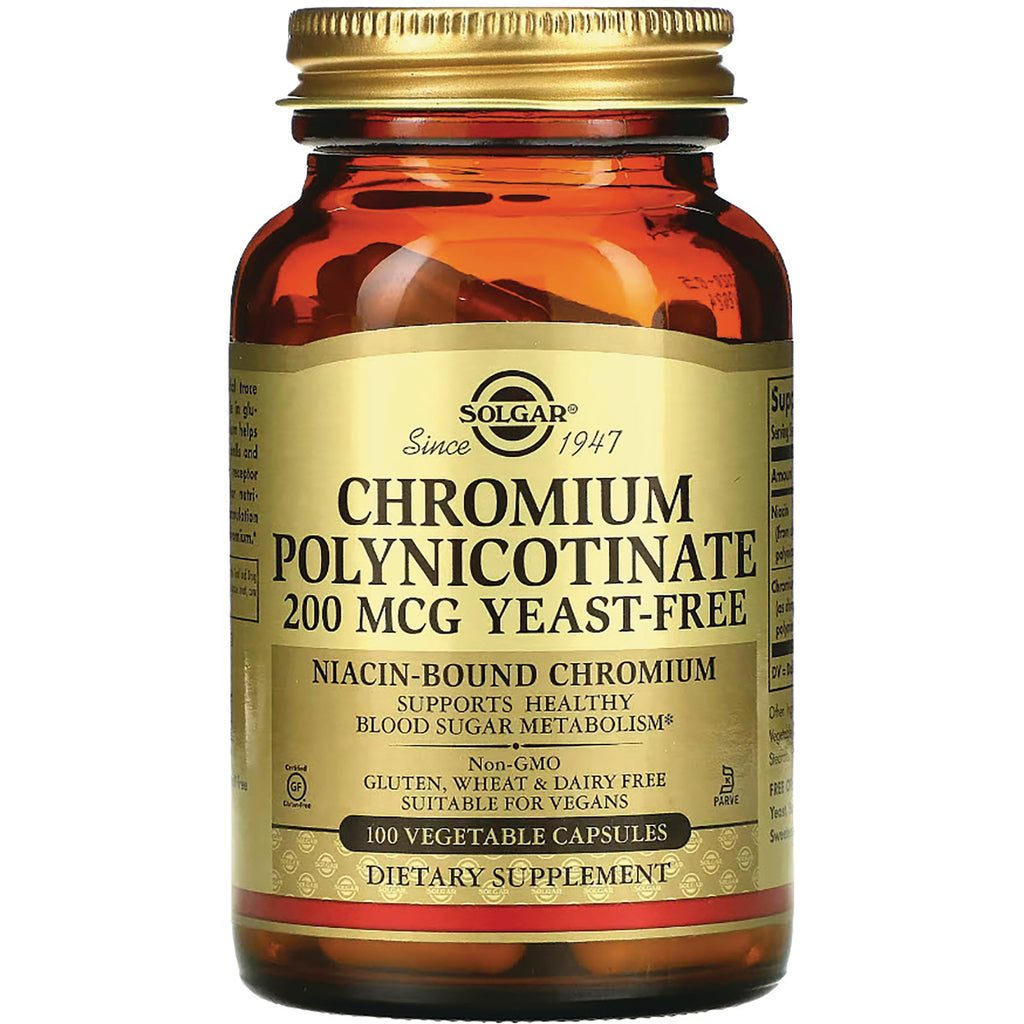 SLG321 | Solgar Chromium Polynicotinate 200 mcg yeast-free bottle, 100 vegetable capsules dietary supplement - Thumbnail