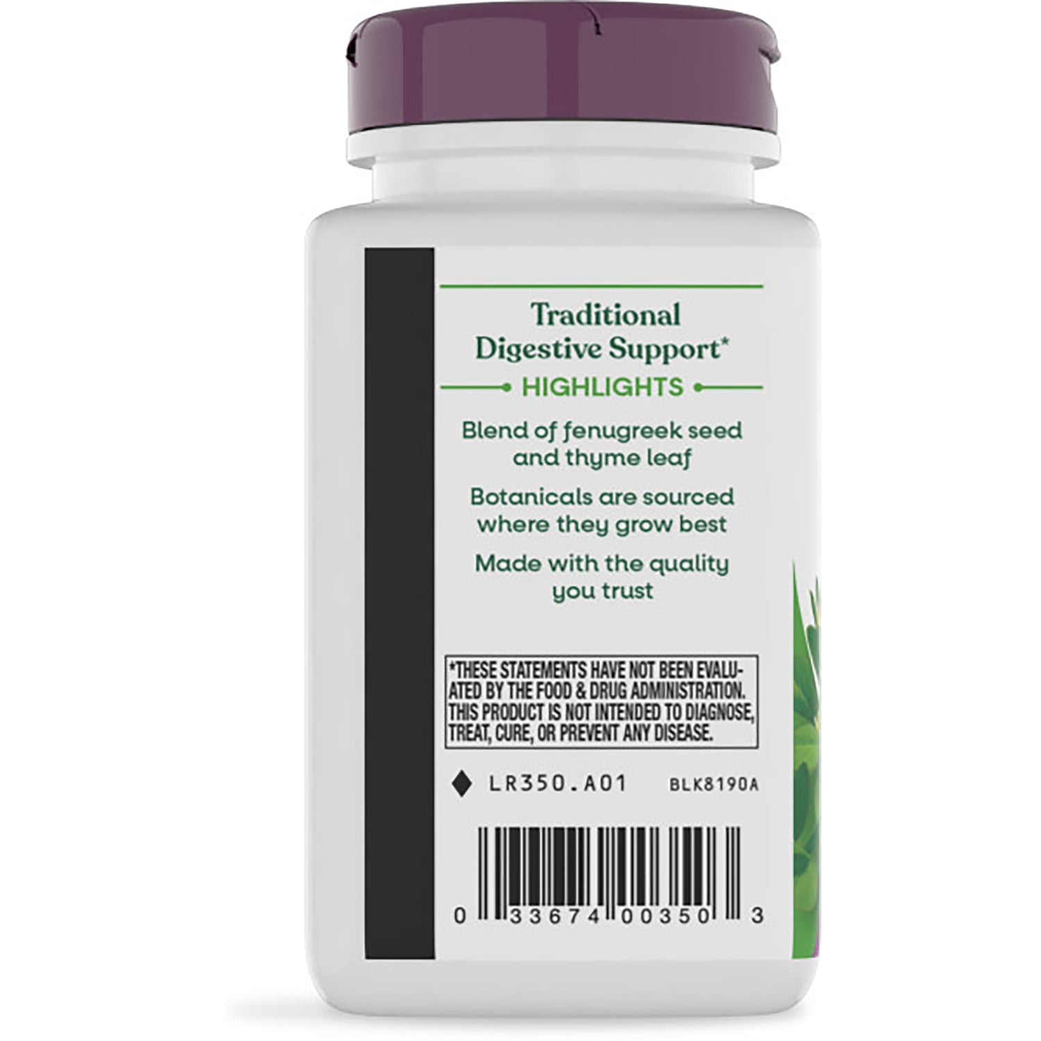 NW079 | back of white supplement bottle with purple cap showing label text TRADITIONAL DIGESTIVE SUPPPORT BLEND and barcode
