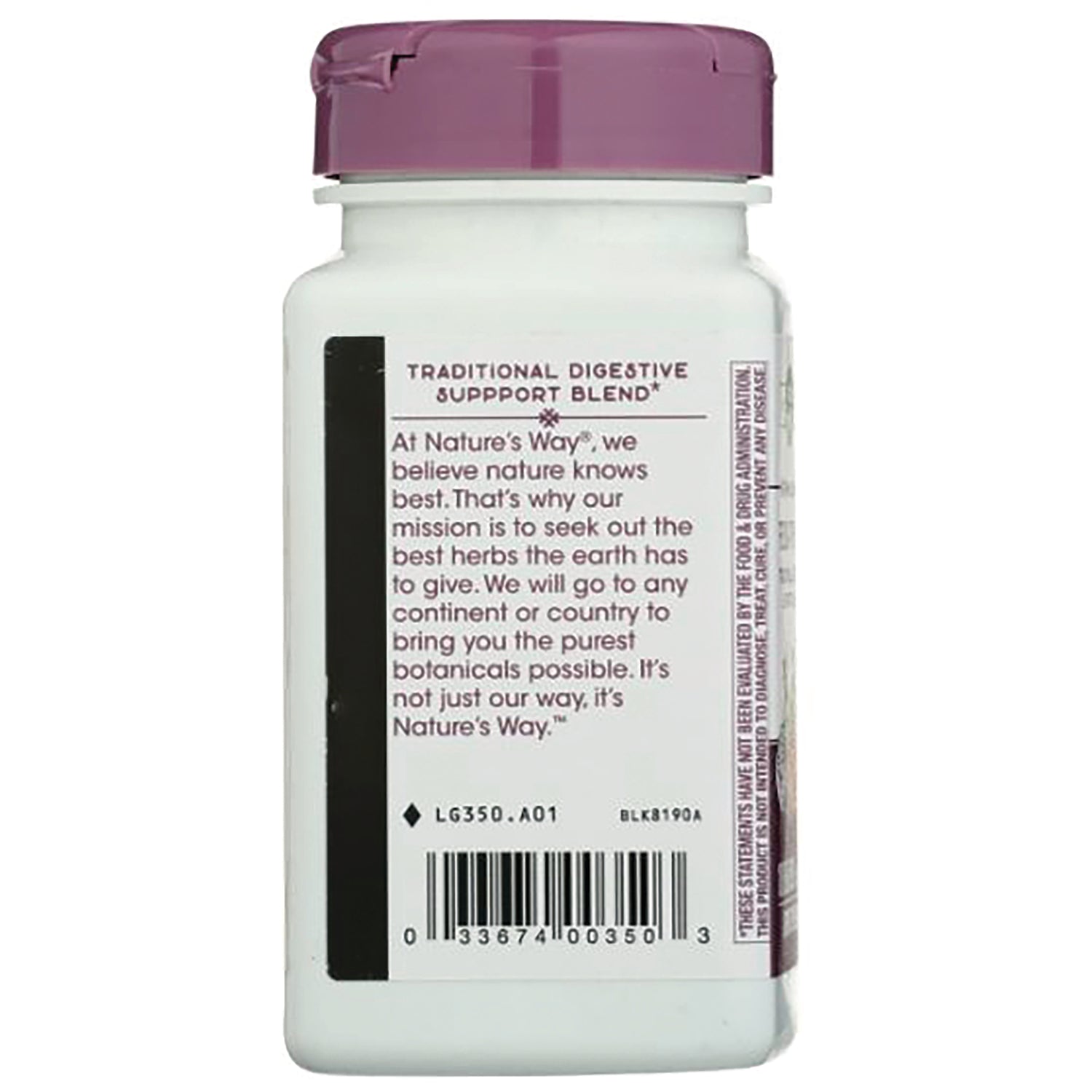 NW079 | back of white supplement bottle with purple cap showing label text TRADITIONAL DIGESTIVE SUPPPORT BLEND and barcode