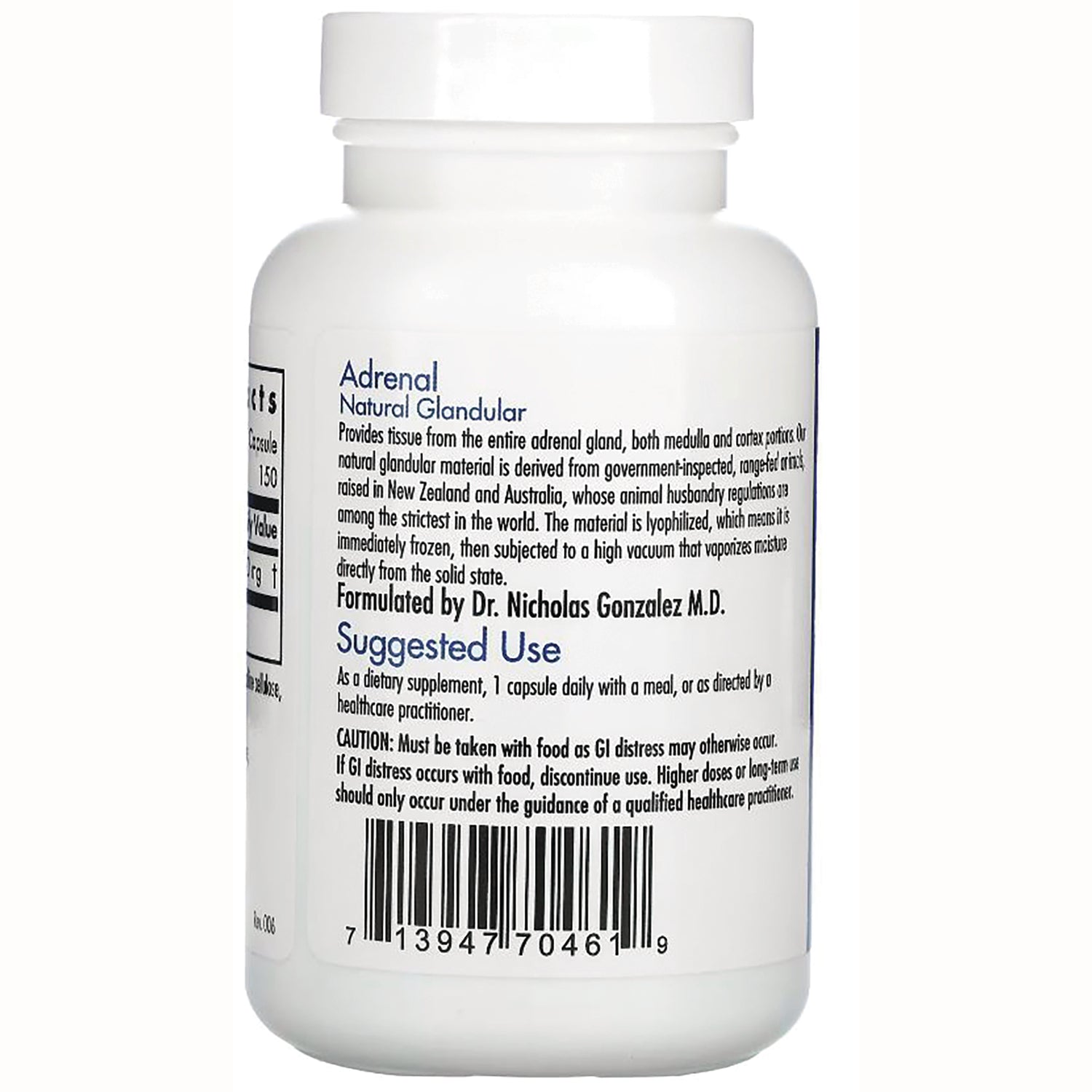 ARG046 | Back label of white supplement bottle showing \