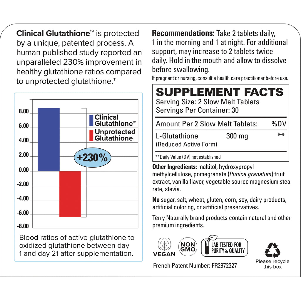 EUR033 | Back panel showing supplement facts, usage recommendations, ingredient list, bar chart comparing Clinical vs Unprotected Glutathione and certification icons - Thumbnail