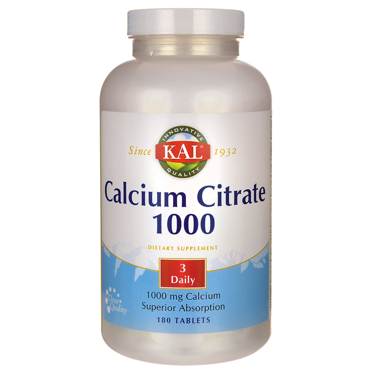 KL509 | KAL Calcium Citrate 1000 supplement bottle front label, 180 tablets, 1000 mg calcium, 3 Daily