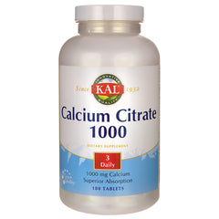 KL509 | KAL Calcium Citrate 1000 supplement bottle front label, 180 tablets, 1000 mg calcium, 3 Daily