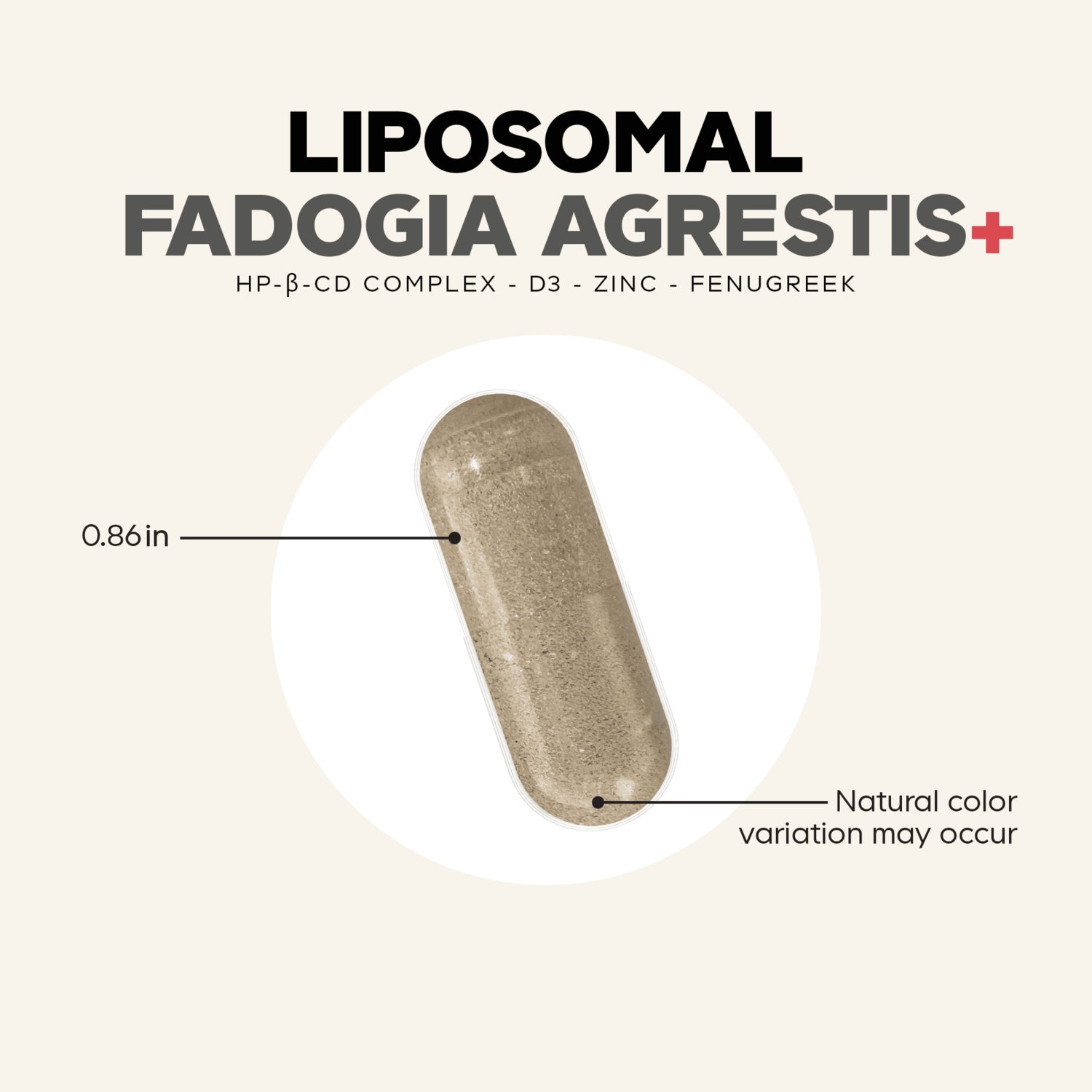 CDG057 | Liposomal fadogia agrestis capsule infographic with size and color variation notes